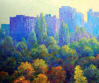 Oil painting Morning in the city by Boris Serdyuk, vibrant purple skyline and autumn trees