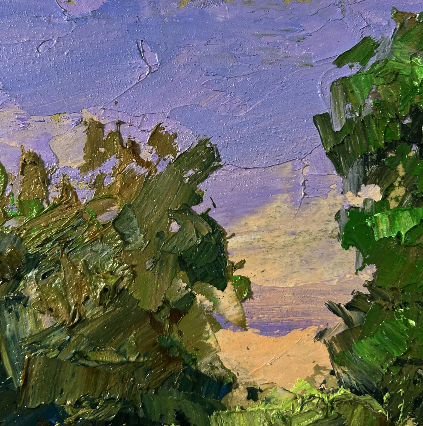 Oil painting of trees near pond by Boris Serdyuk, vibrant green foliage and lavender sky