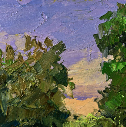 Oil painting of trees near pond by Boris Serdyuk, vibrant green foliage and lavender sky