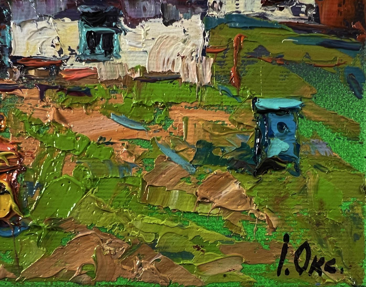 Oil painting Apiary in the Yard by Oksana Ivanyuk, vibrant green landscape