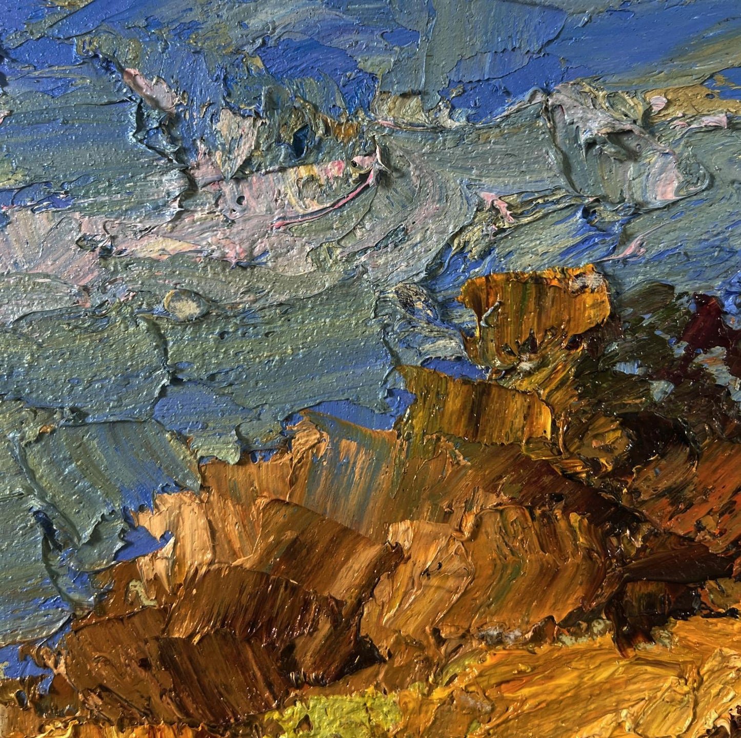 Textured impasto oil painting of cows on hill by Boris Serdyuk