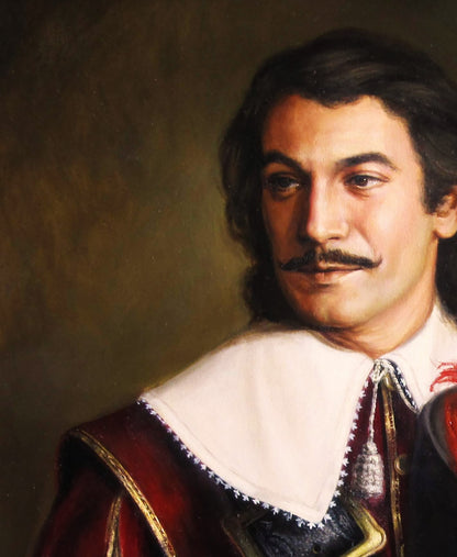 Oil painting portrait of The Brave Gascon Valeriy Bulat with mustache