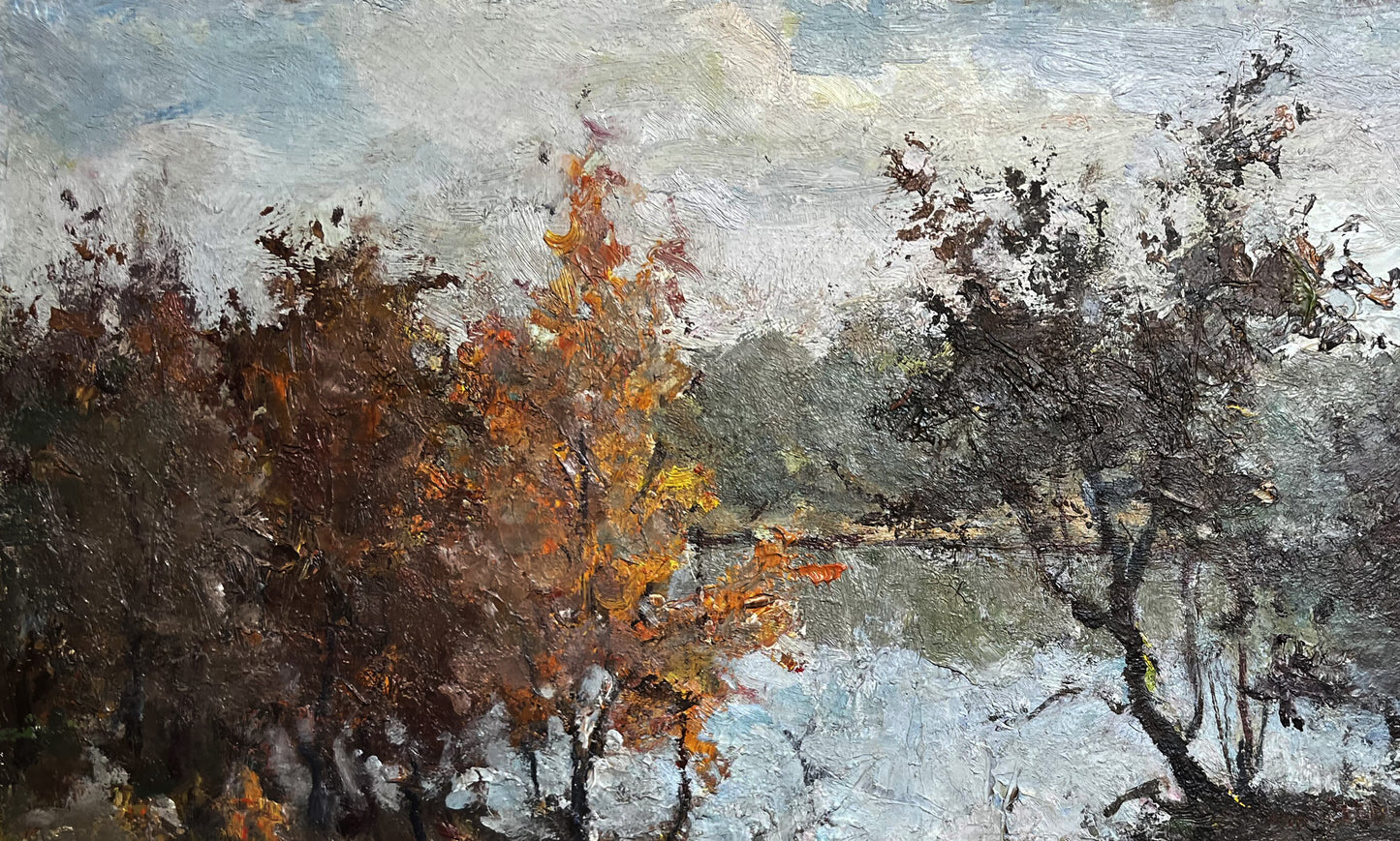 Oil painting of autumn lake tree with orange yellow leaves, muted sky