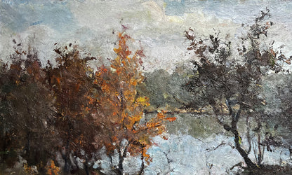 Oil painting of autumn lake tree with orange yellow leaves, muted sky