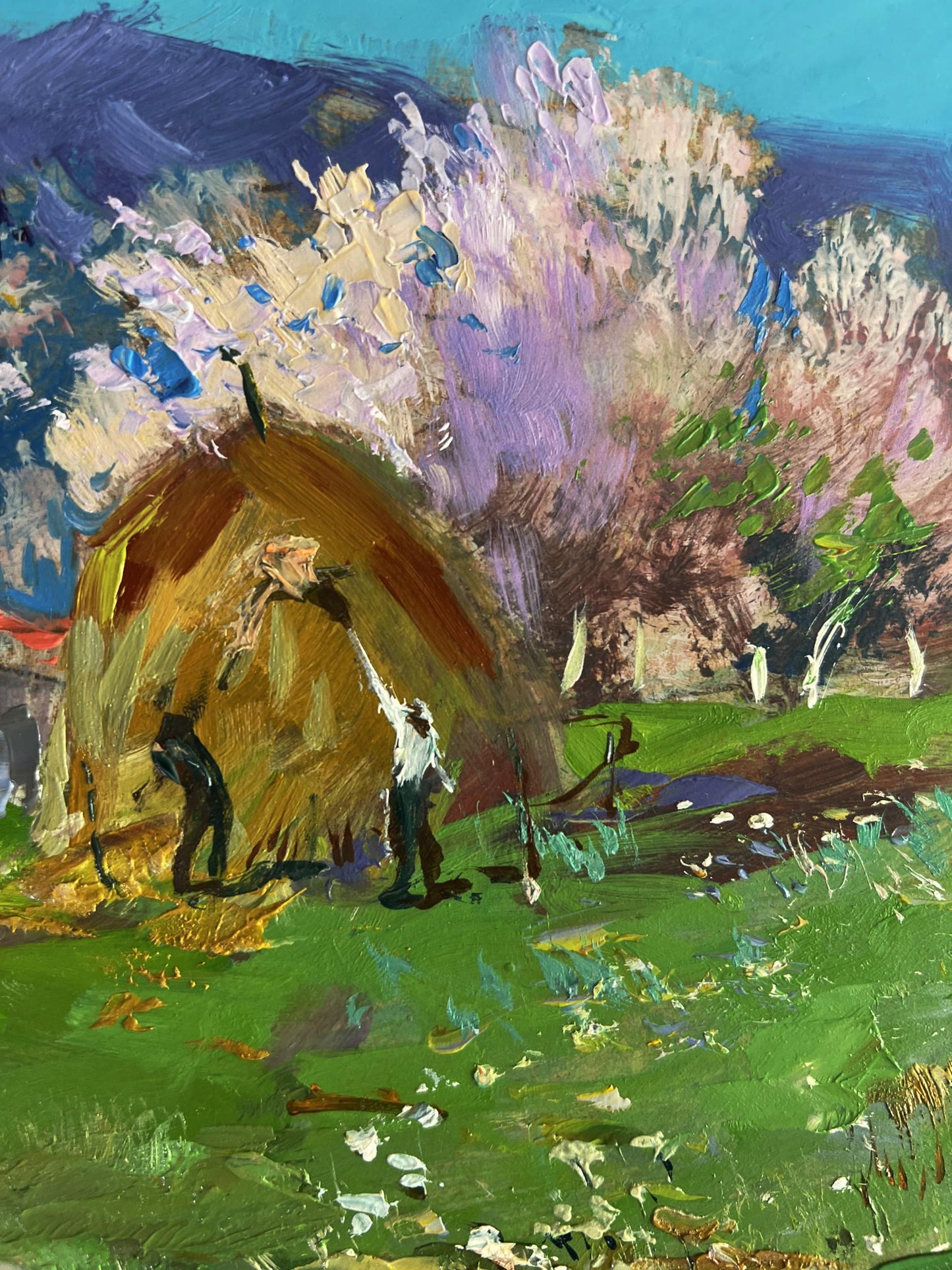 Oil painting Rural working days by Yuriy Suprunchuk hay bale scene