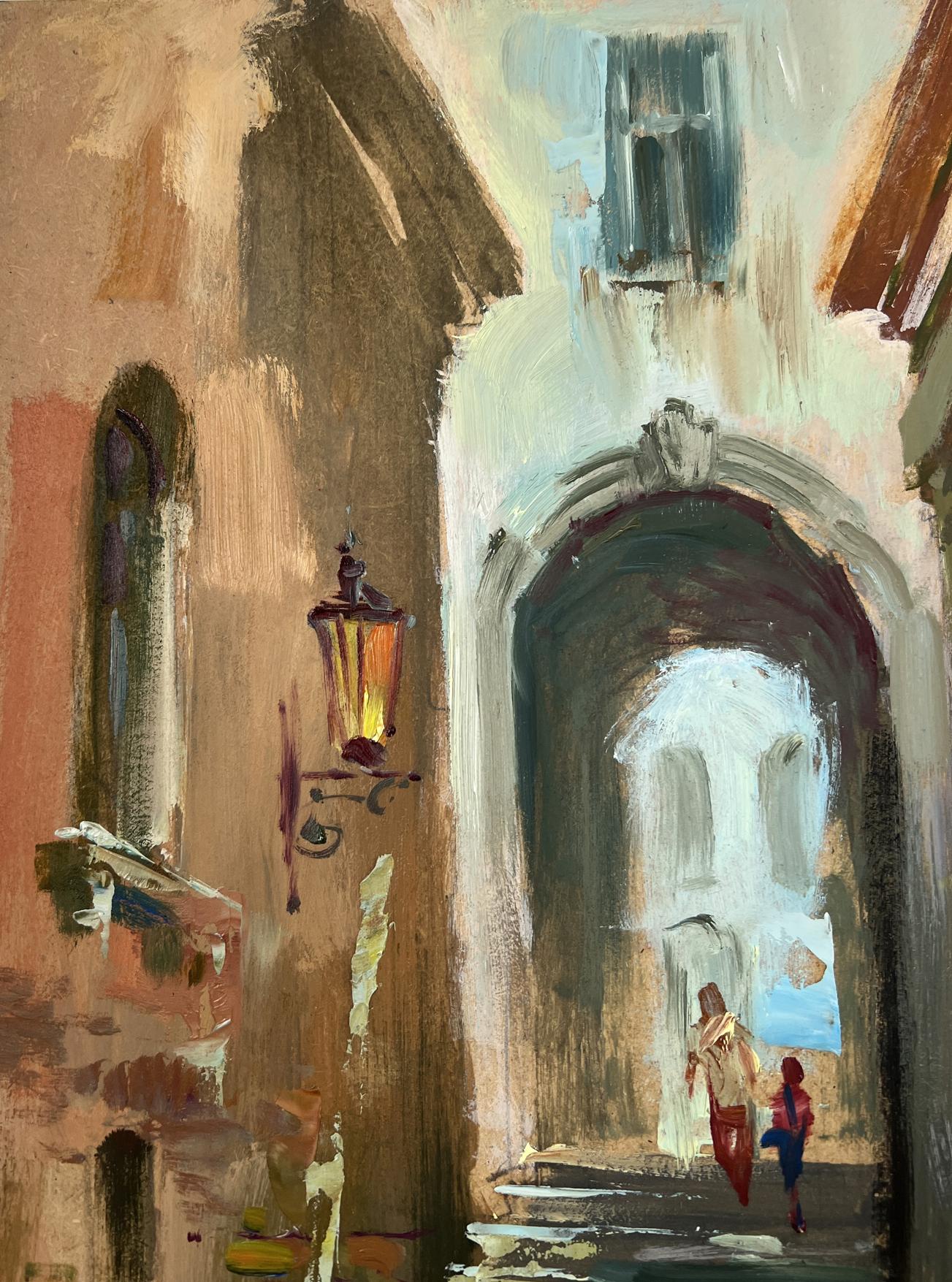 Impressionistic oil painting of boat in city streets by Yuriy Suprunchuk