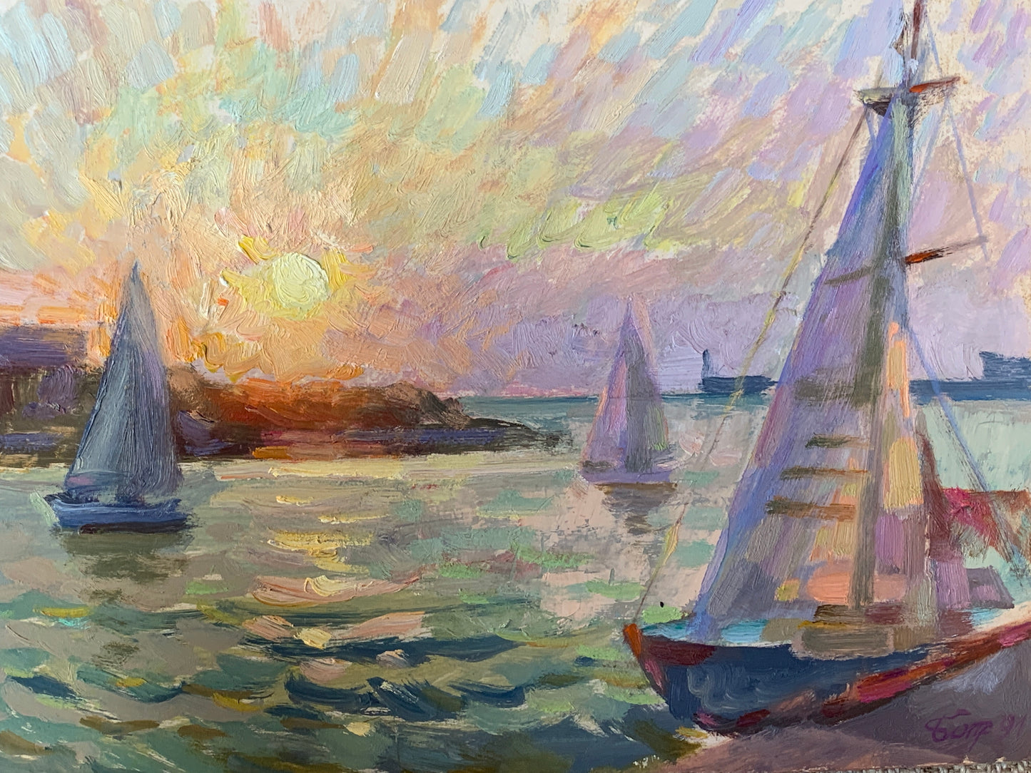 Vibrant impressionist sailboats at sunset by Vladimir Batrakov fine art