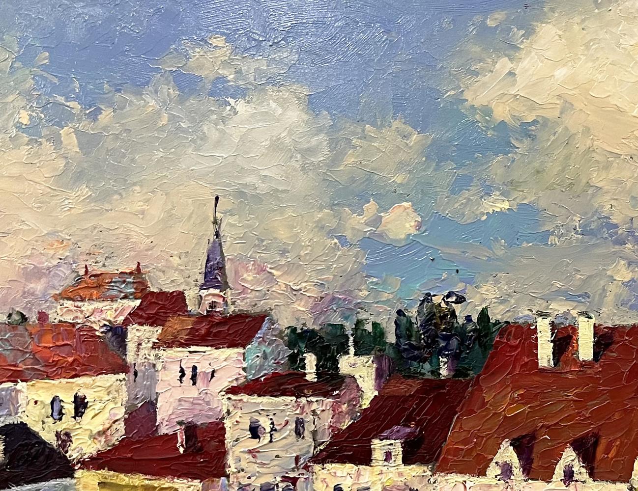 Impressionistic oil painting of European city center by Serhiy Rybak