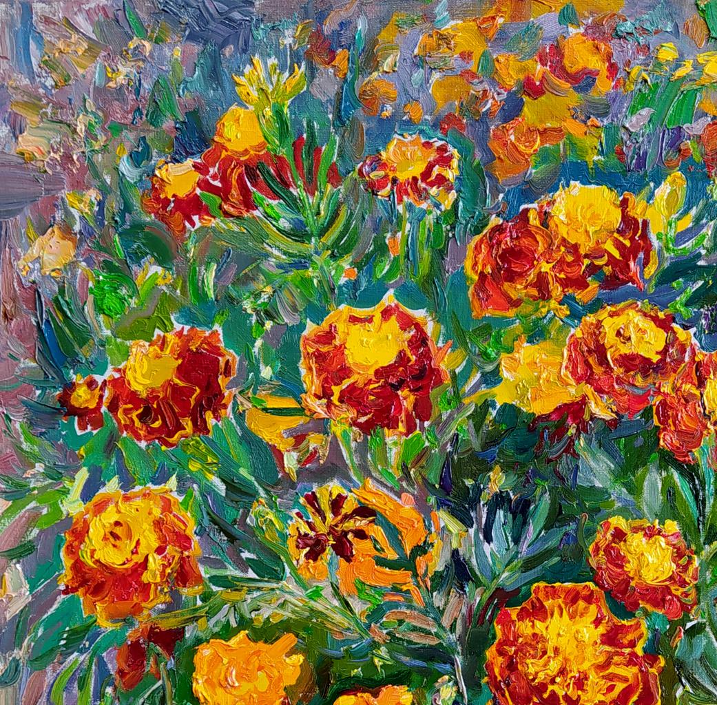 Vibrant impressionist oil painting of marigolds by Leonid Pavlenko