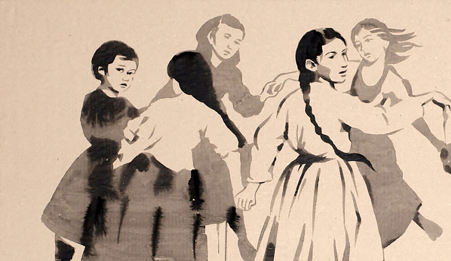 Black-and-white ink illustration of Ukrainian women dancing by Dima Filatov