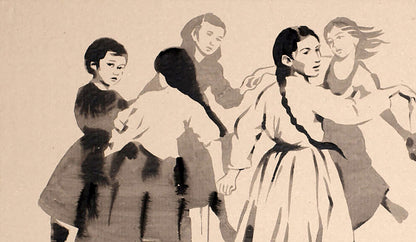 Black-and-white ink illustration of Ukrainian women dancing by Dima Filatov