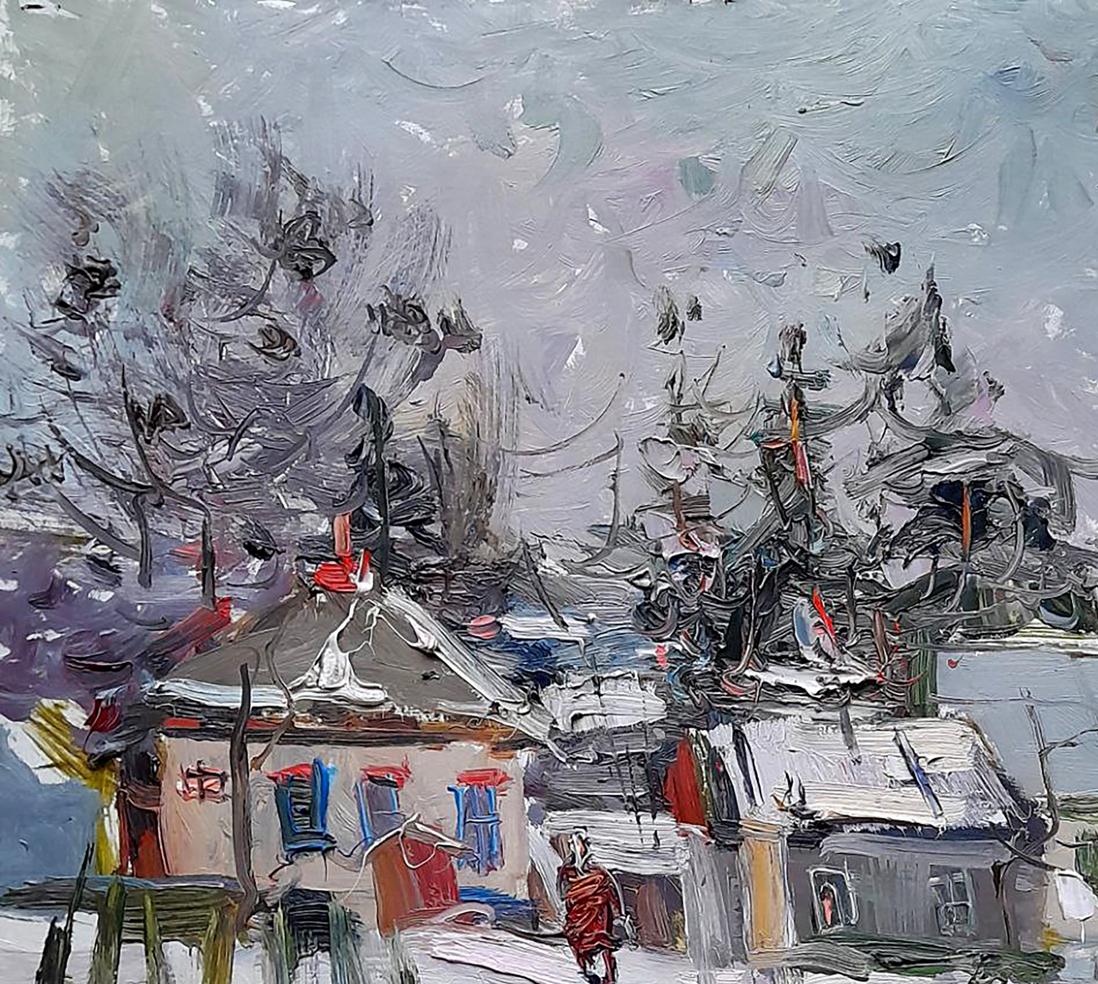 Impressionistic snowy village painting by Ivan Kovalenko, Oi painting