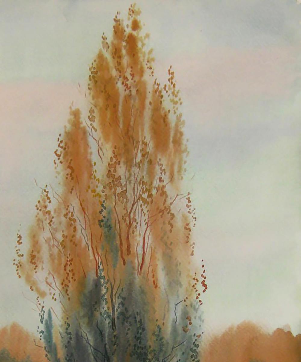Watercolor painting of tall autumn tree by Valery Savenets