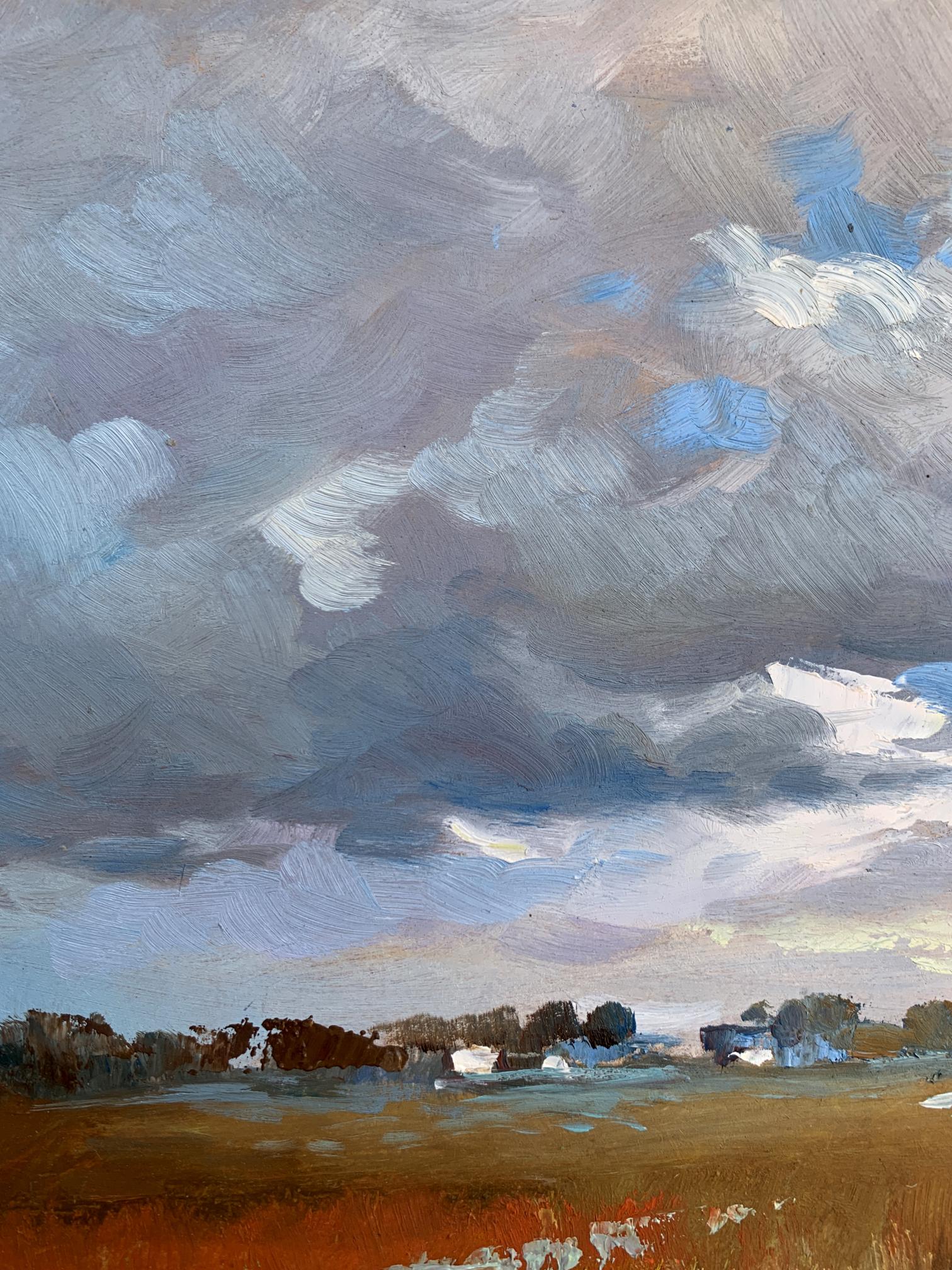 Oil painting Not far from the village by Yuriy Suprunchuk, dramatic sky over field