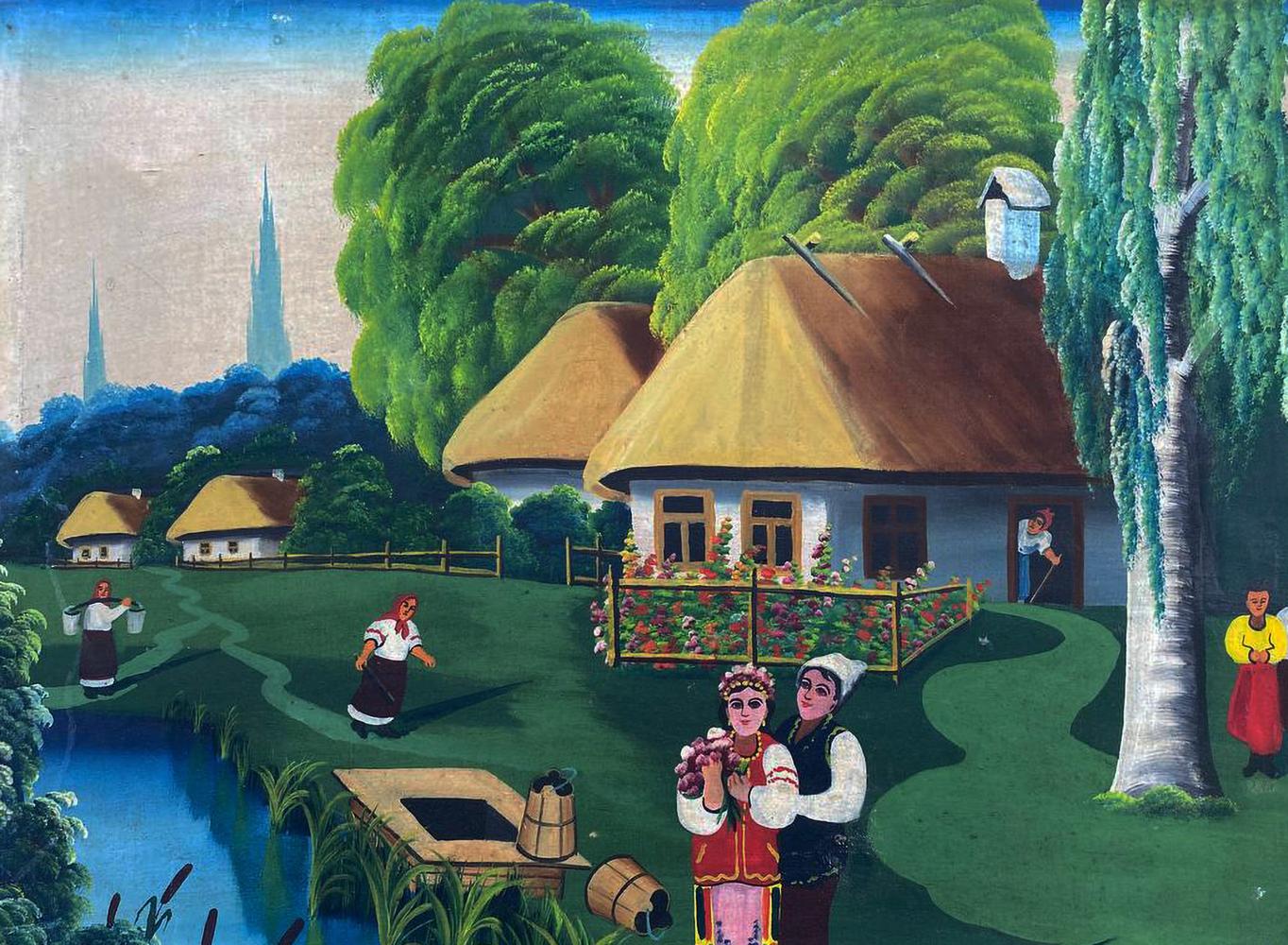 Vibrant folk oil painting of pastoral village holiday party scene