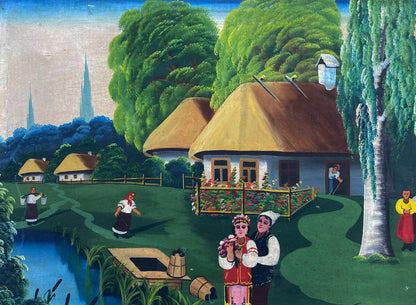 Vibrant folk oil painting of pastoral village holiday party scene