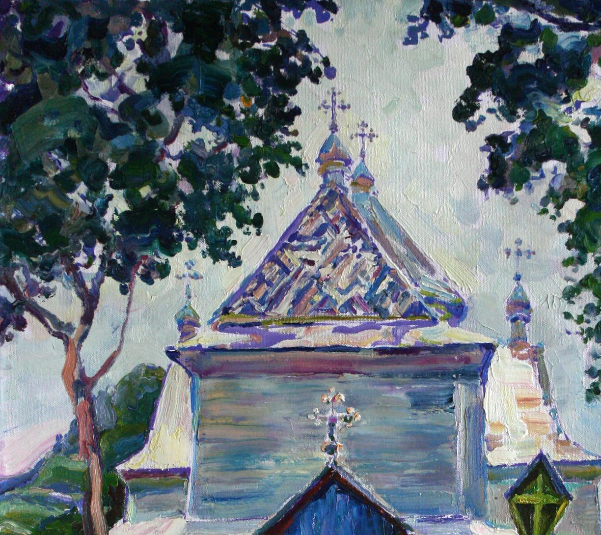 Vibrant impressionistic oil painting of wooden church with blue gold domes by Leonid Pavlenko