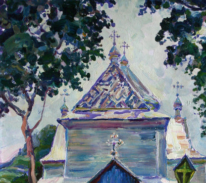 Vibrant impressionistic oil painting of wooden church with blue gold domes by Leonid Pavlenko