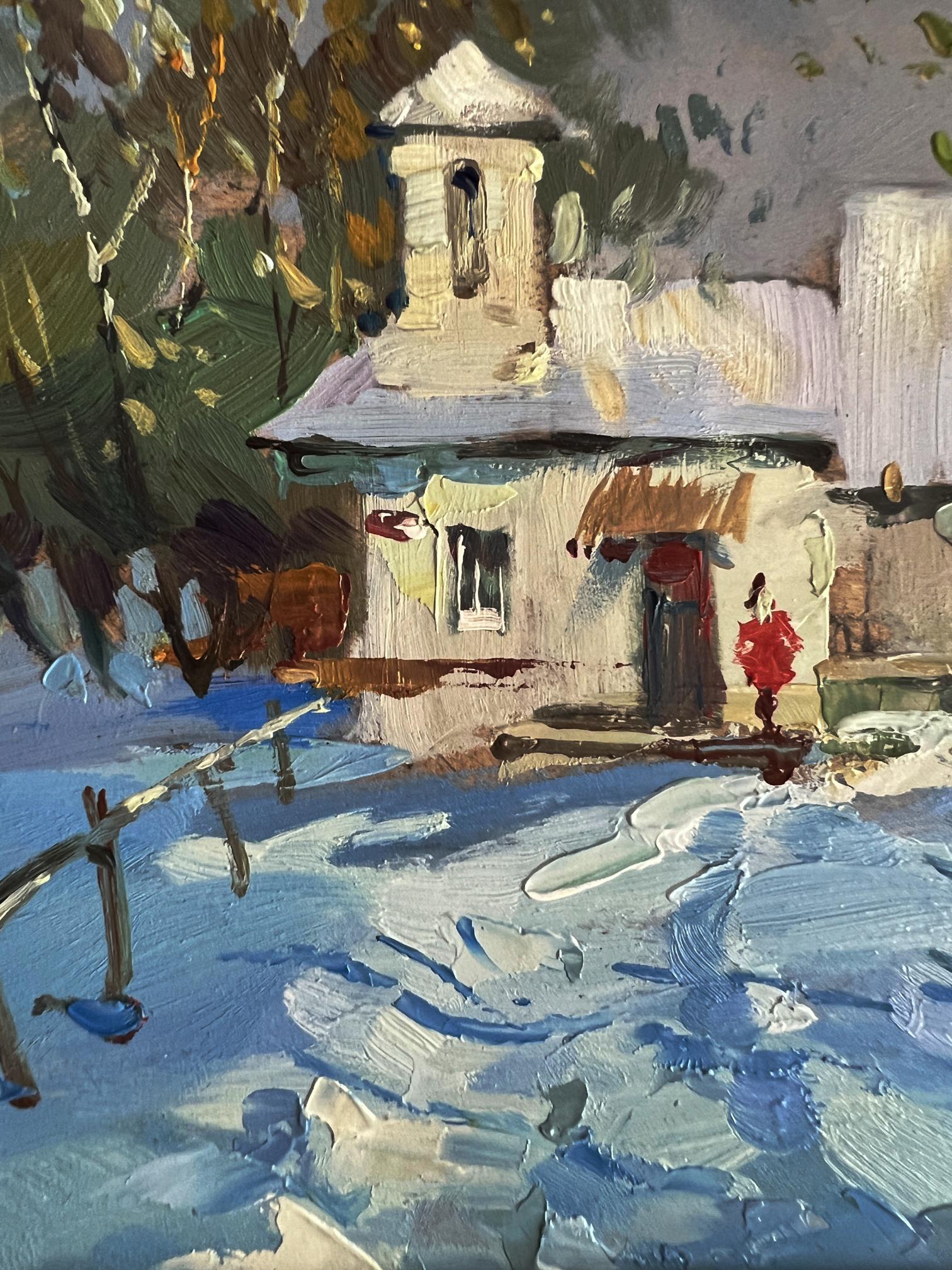 Oil painting of snowy village after winter snowstorm by Yuriy Suprunchuk