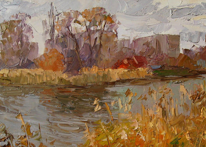 Oil painting Autumn river by Boris Serdyuk, impasto autumn landscape