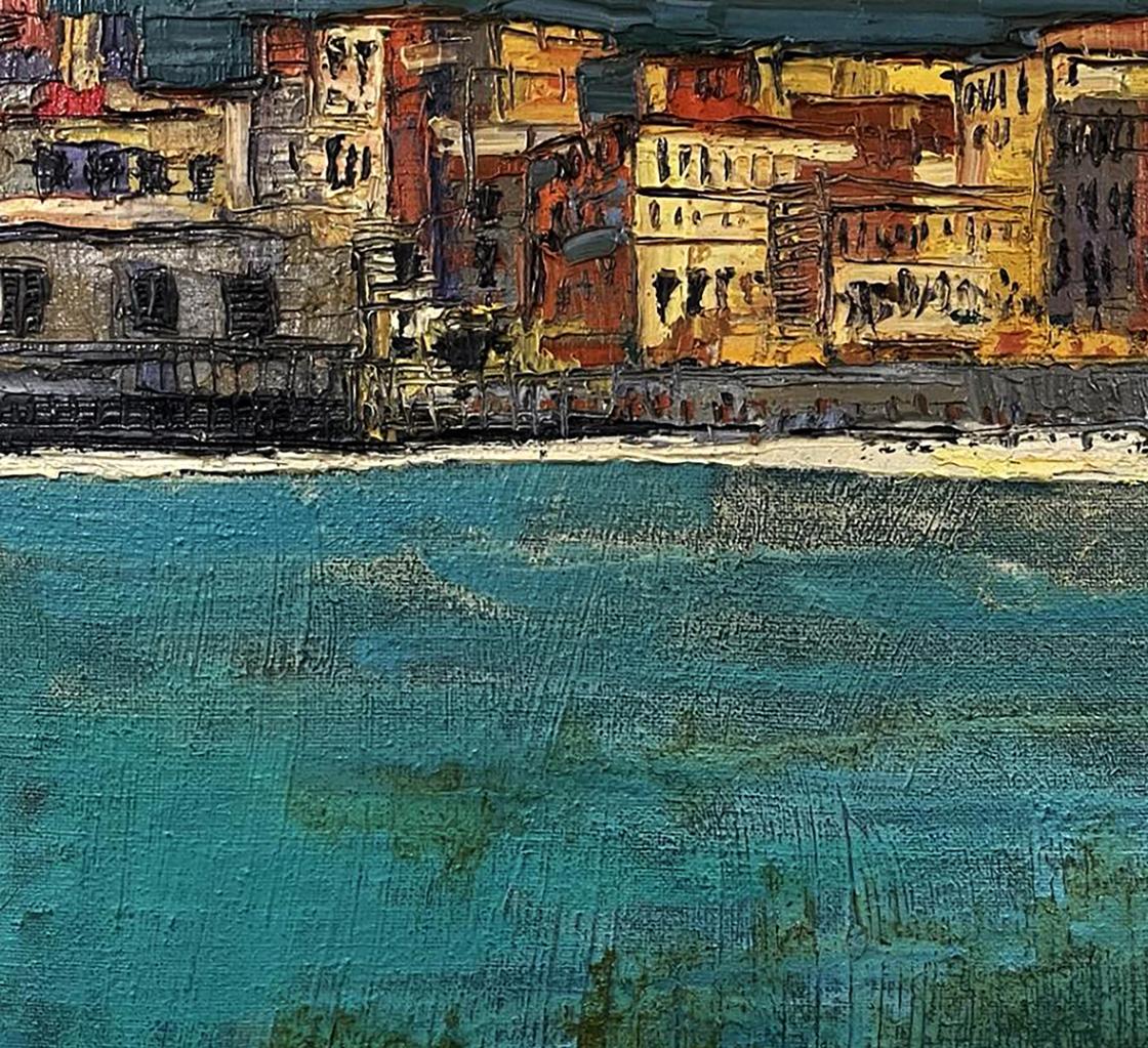 Vibrant oil painting Eternal by Serhiy Kovalev: coastal town with teal water