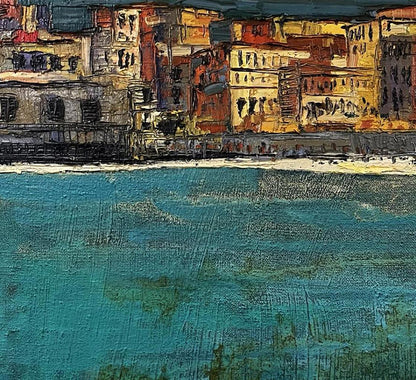 Vibrant oil painting Eternal by Serhiy Kovalev: coastal town with teal water