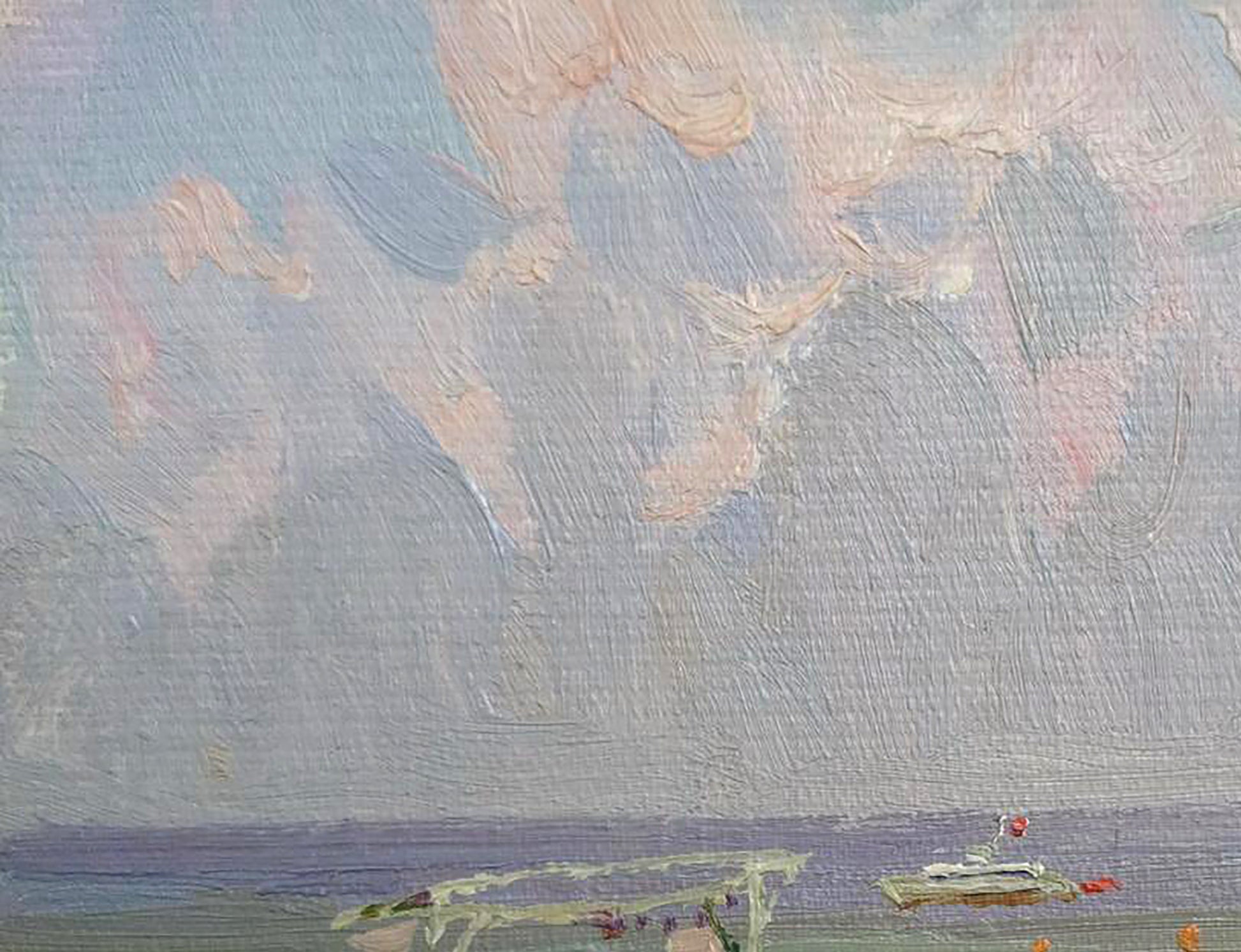 Oil painting of sea shores by Yury Konovalov with soft impressionistic sky