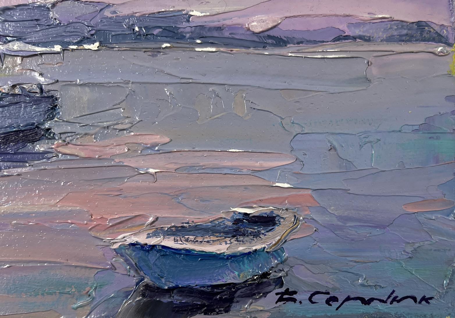 Oil painting Yacht in evening sky colors by Boris Serdyuk