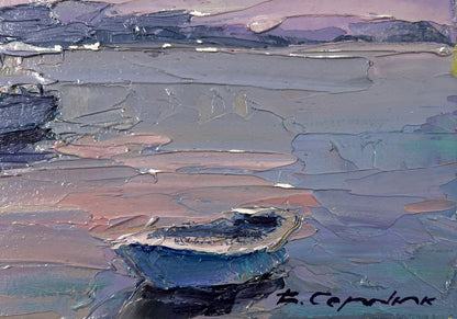 Oil painting Yacht in evening sky colors by Boris Serdyuk