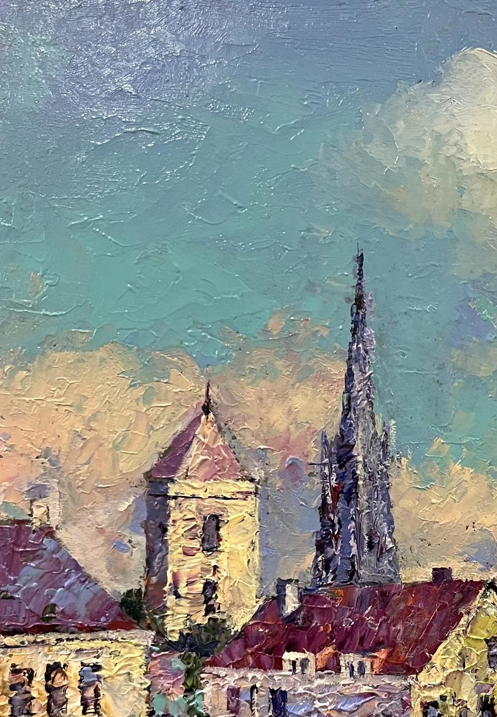 Oil painting of busy city street with tall dark spire by Serhiy Rybak