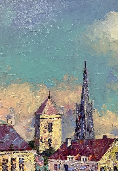 Oil painting of busy city street with tall dark spire by Serhiy Rybak