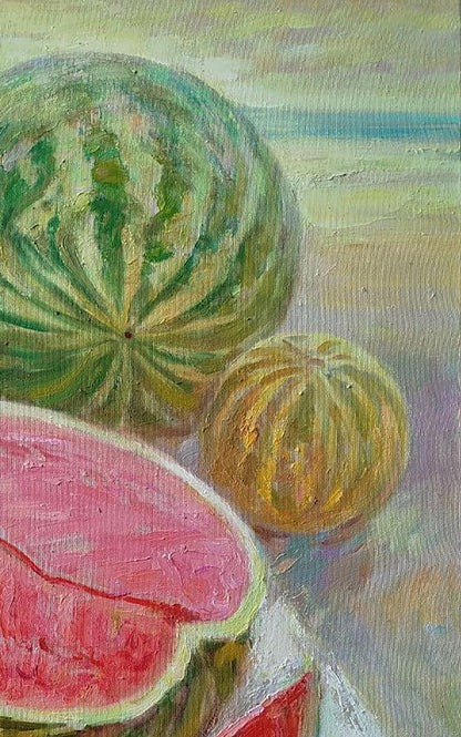 Vibrant impressionistic oil painting of green striped watermelon by Leonid Pavlenko