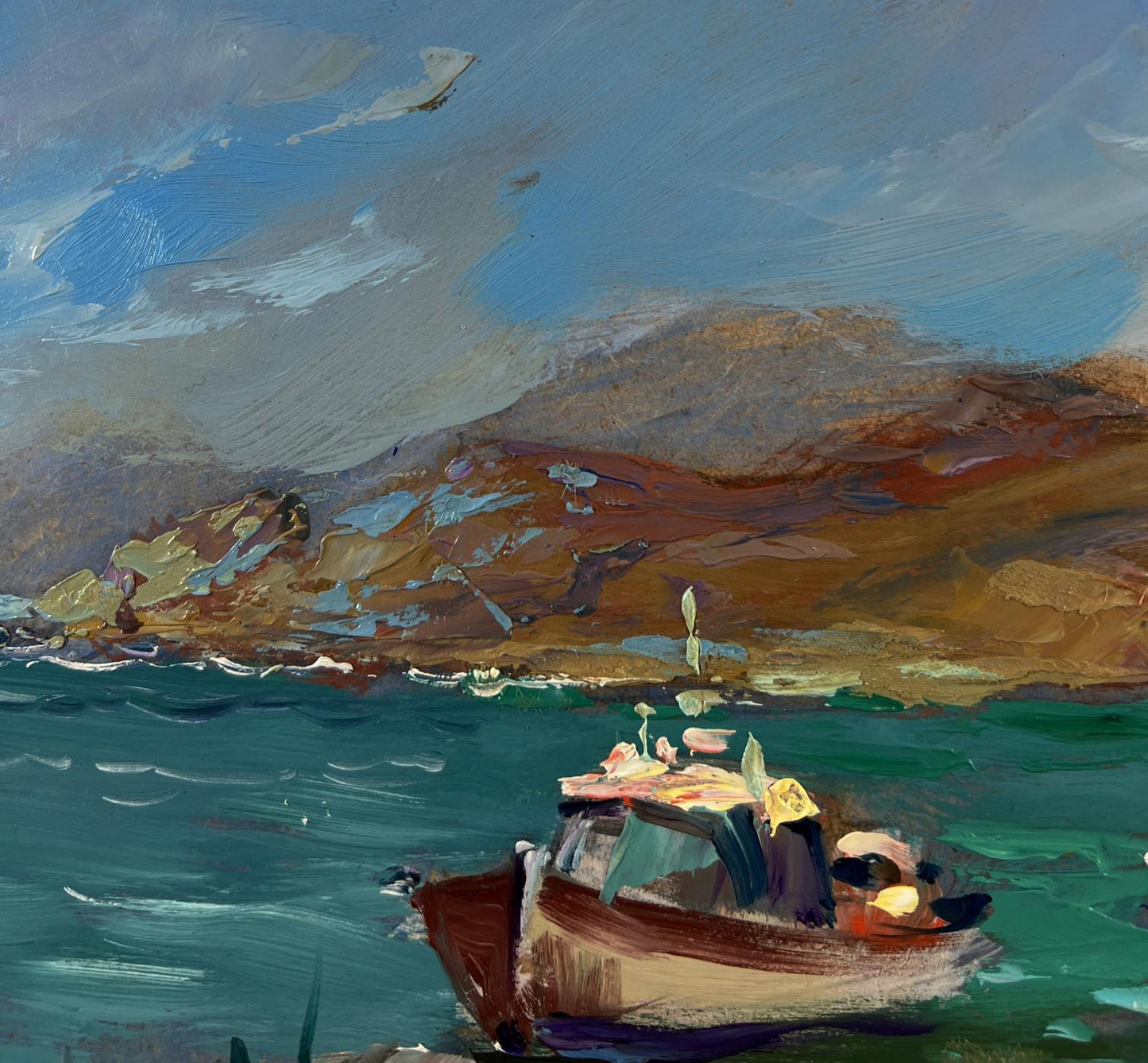 Oil painting of rustic wooden fishing boat by Yuriy Suprunchuk on seashore