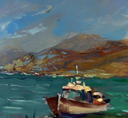 Oil painting of rustic wooden fishing boat by Yuriy Suprunchuk on seashore