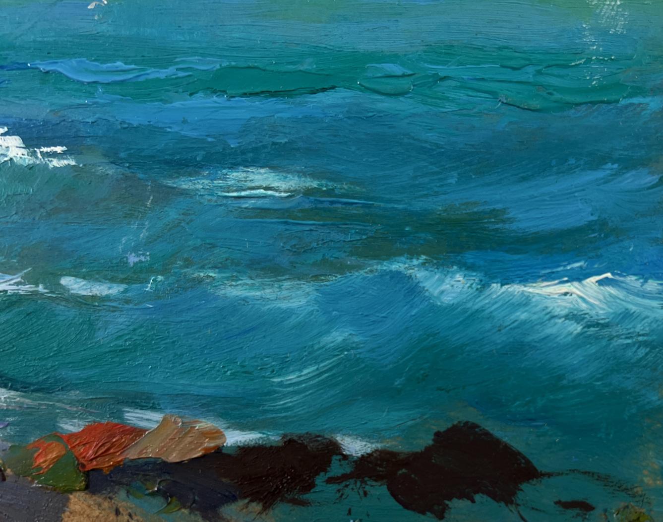 Oil painting of sailboats at sea, turquoise waves crashing on rocky shore by Yuri Suprunchuk