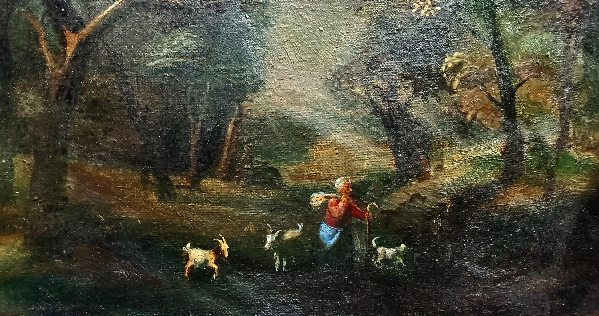 Rustic oil painting by Daniil Litvinov: shepherd guiding goats in woods
