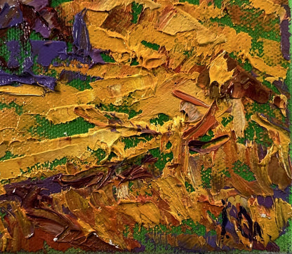 Oil painting Autumn nature by Oleksiy Ivanyuk with golden yellow impasto on green base