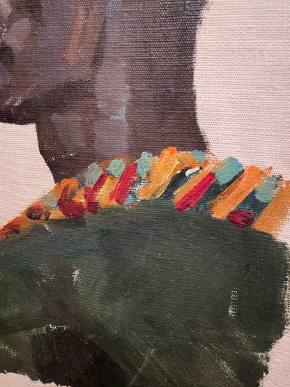 Oil painting portrait of man Leonid Stil, vibrant dark-skinned figure in ornate green garment