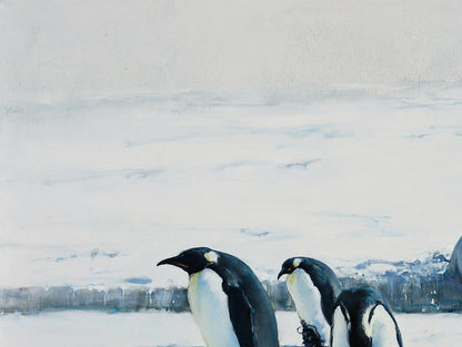 Oil painting Cold Gulf Stream by Oleg Kateryniuk: three penguins on snow