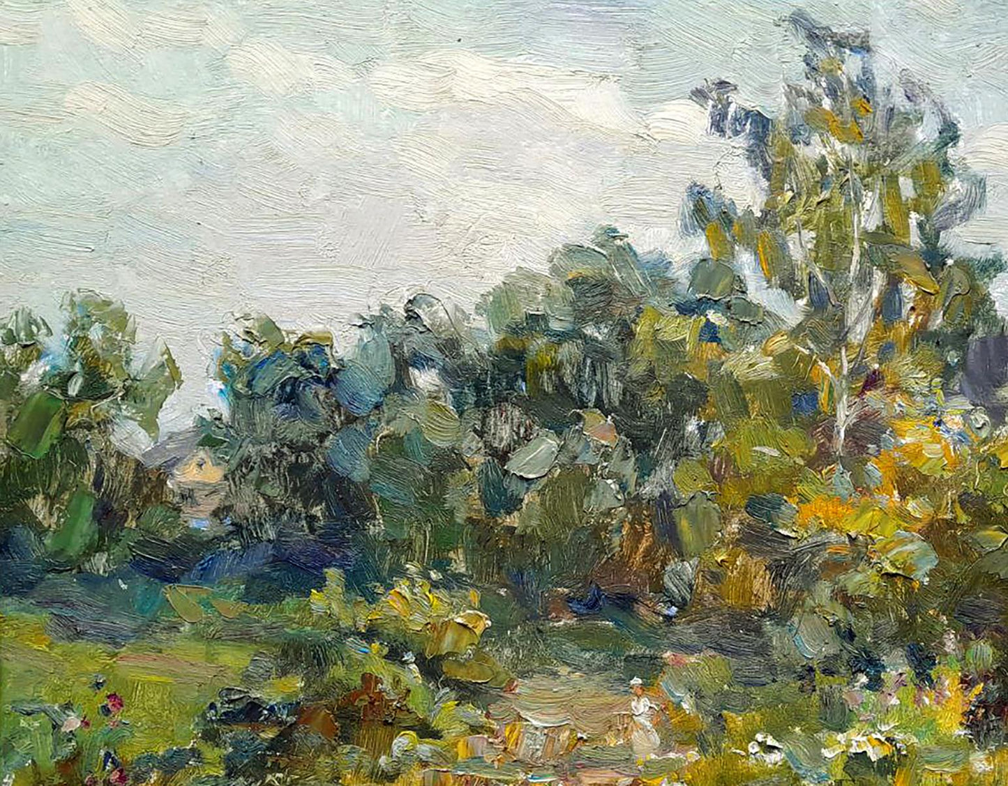 Impressionistic Oi painting Summer Calm by Ivan Kovalenko, lush green foliage under cloudy sky