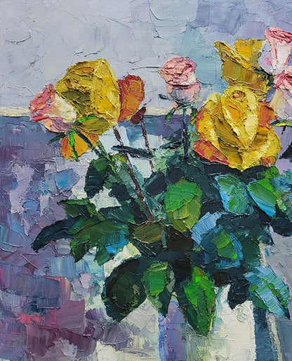 Oil painting Roses by Boris Serdyuk: vibrant yellow pink roses in vase