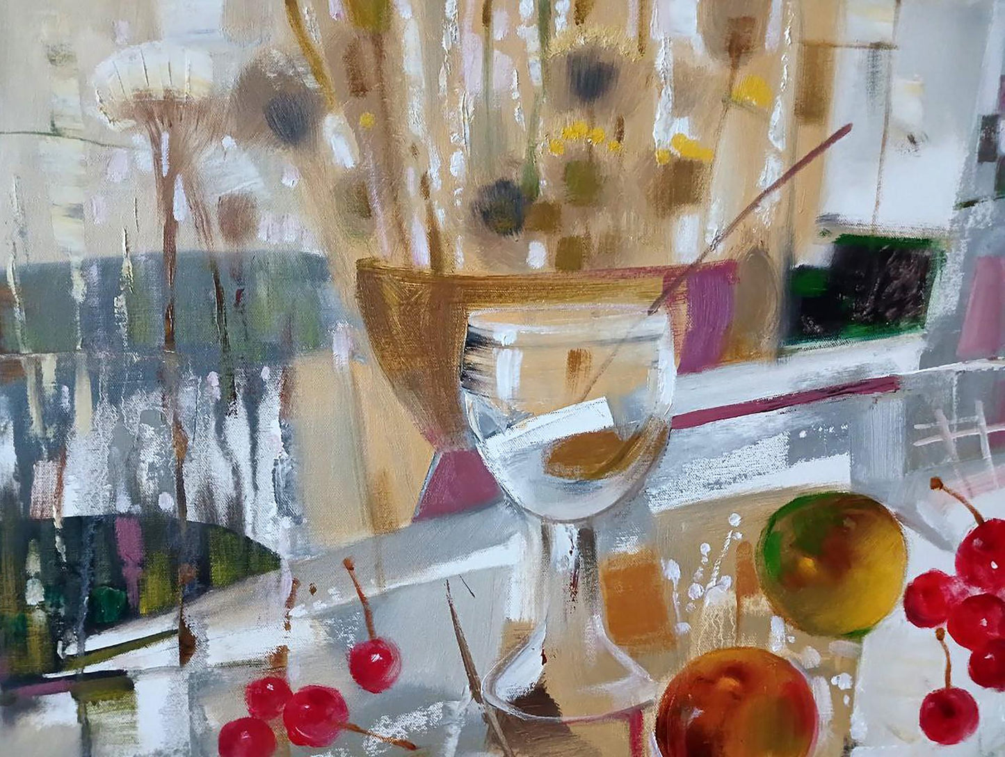 Transparent glass wine goblet on Abstract oil painting Cherries by Anatoly Tarabanov