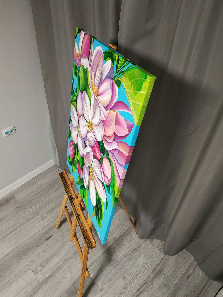 Oil painting Delicate spring flowers Oksana Sklym on wooden easel