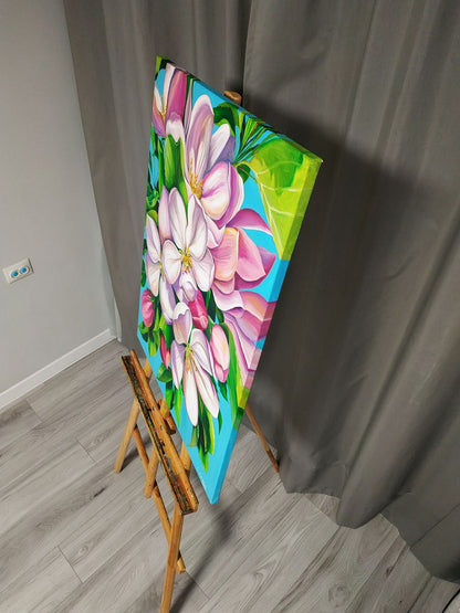 Oil painting Delicate spring flowers Oksana Sklym on wooden easel
