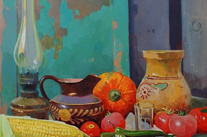 Oil painting of orange pumpkin with green stem by Anastasia Yaroshevich