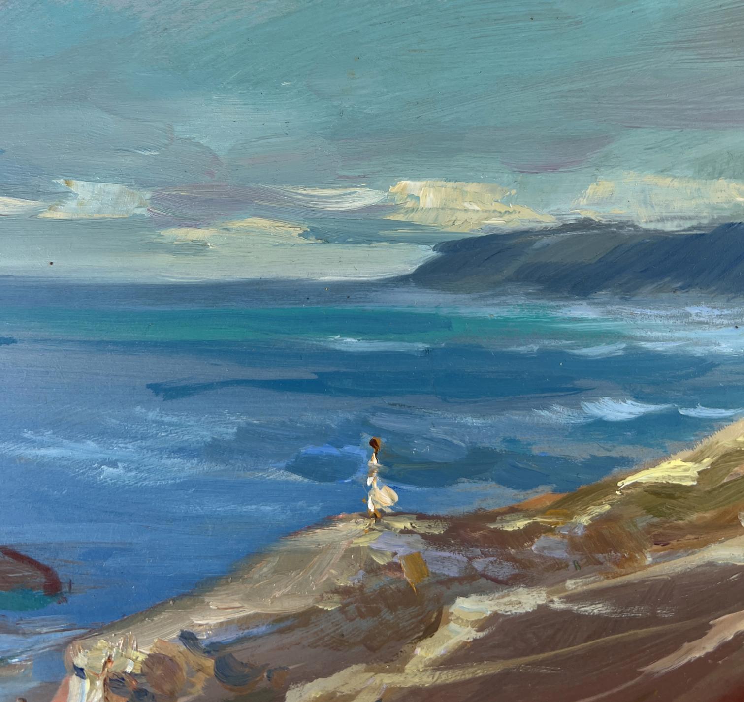 Oil painting Between the sky and the sea by Yuriy Suprunchuk: figure on cliff over ocean
