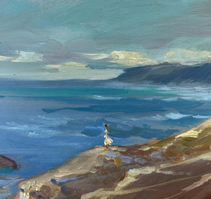 Oil painting Between the sky and the sea by Yuriy Suprunchuk: figure on cliff over ocean