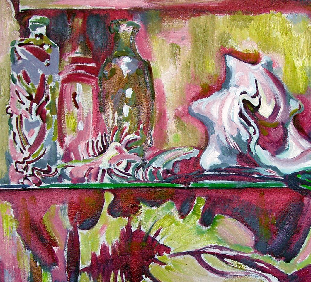 Oil painting of vibrant pink white seashell on green shelf by Leonid Pavlenko
