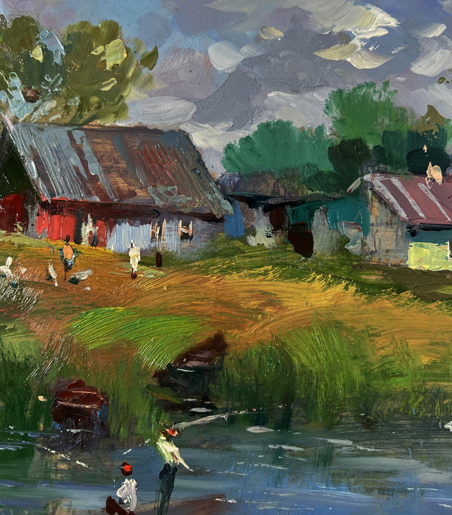 Vibrant impressionist oil painting Life by the village river by Yuriy Suprunchuk