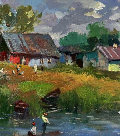 Vibrant impressionist oil painting Life by the village river by Yuriy Suprunchuk